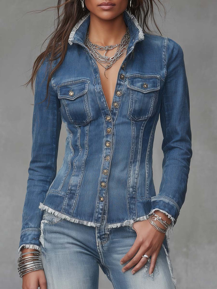 Vintage-Inspired Denim Jacket with Frayed Edges and Button Details