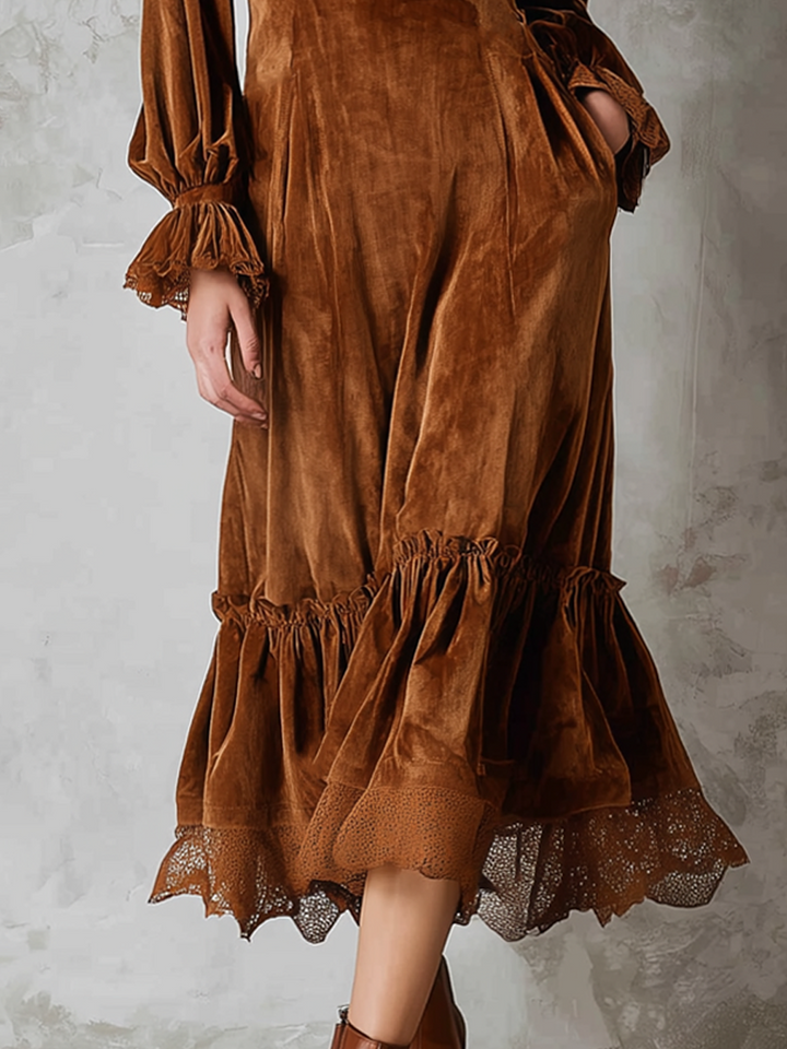 Eco-Friendly Velvet Retro Midi Dress with Lace and Stitch Details