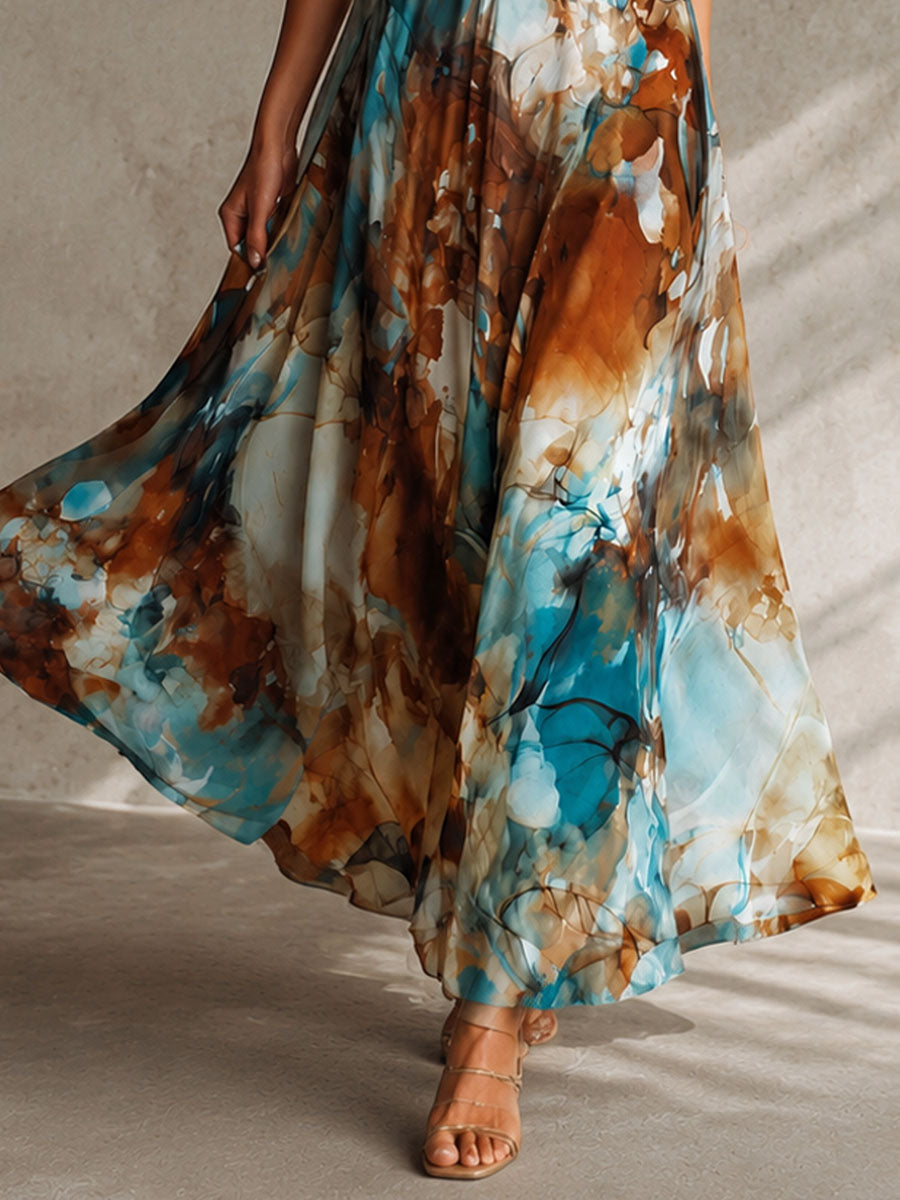 Bohemian Watercolor Print Maxi Chiffon Dress