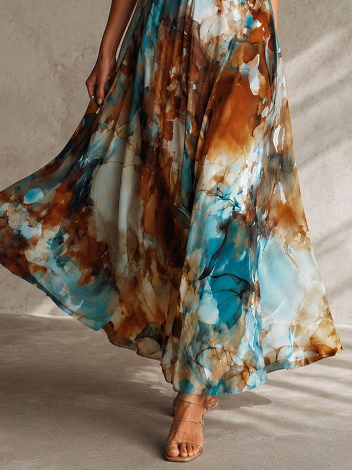 Bohemian Watercolor Print Maxi Chiffon Dress