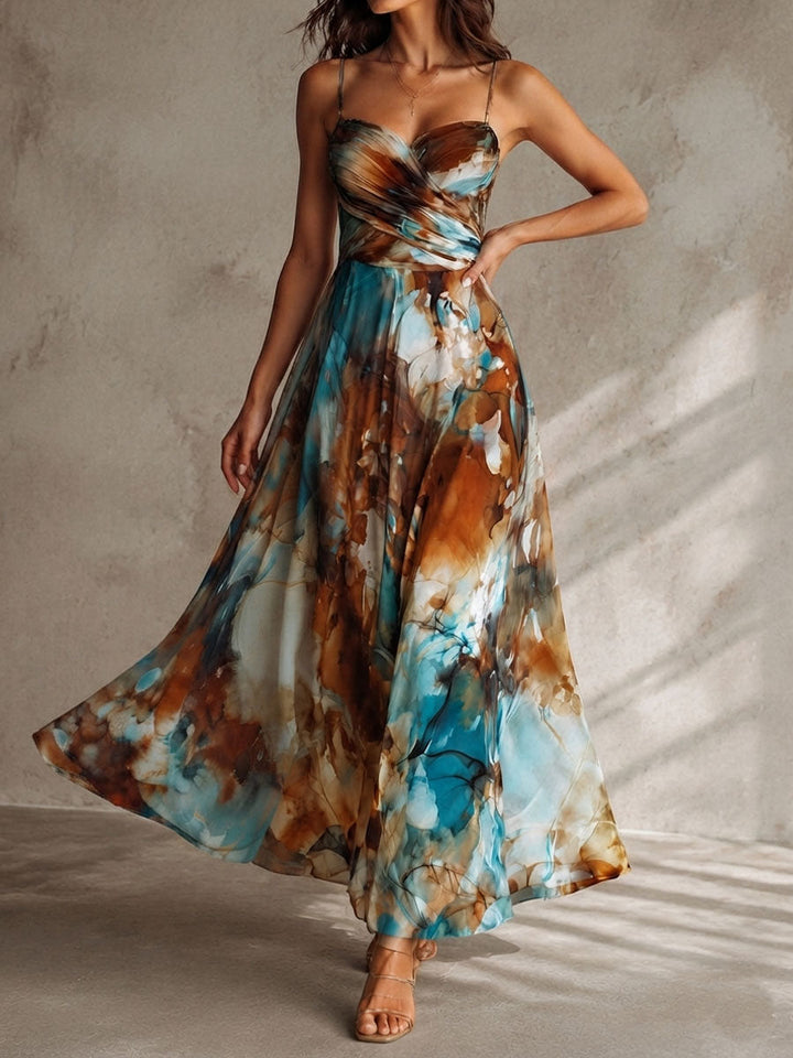 Bohemian Watercolor Print Maxi Chiffon Dress