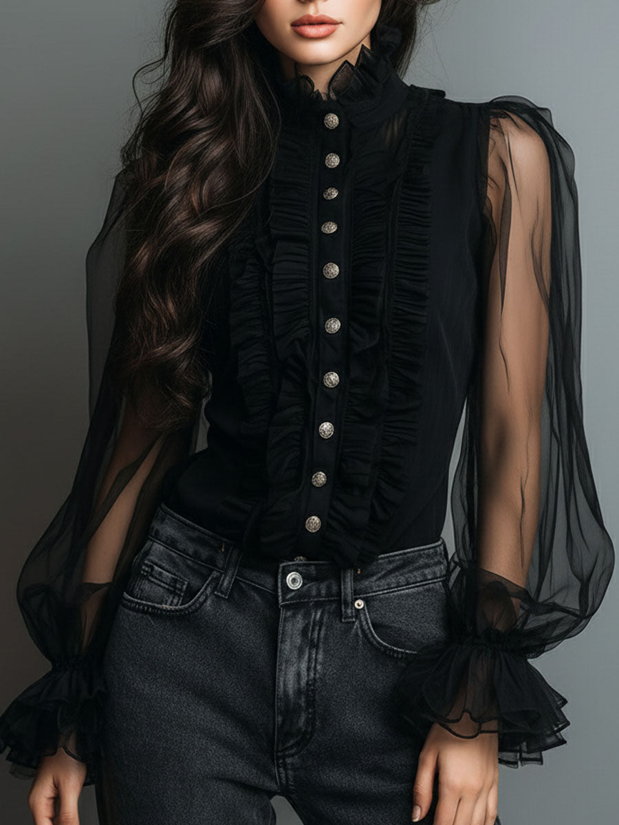 Classic Black Sheer Organza Blouse with High Neck and Tailored Fit