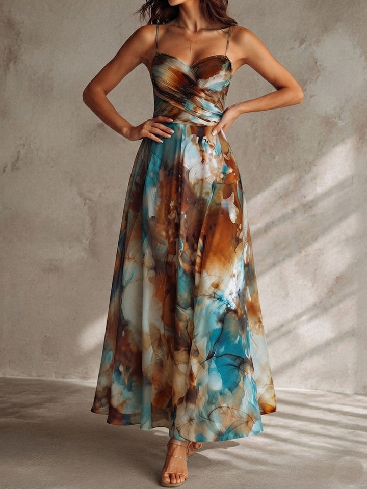 Bohemian Watercolor Print Maxi Chiffon Dress