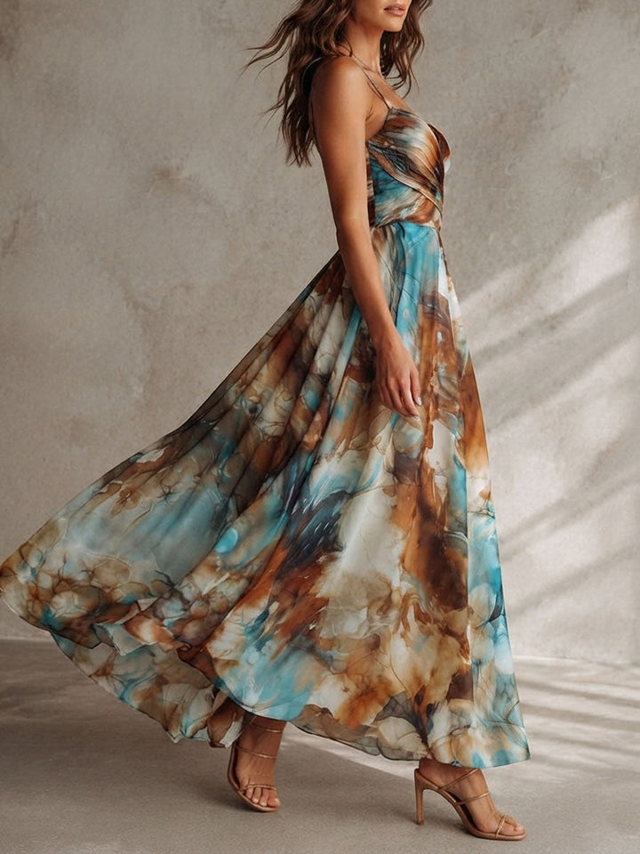 Bohemian Watercolor Print Maxi Chiffon Dress