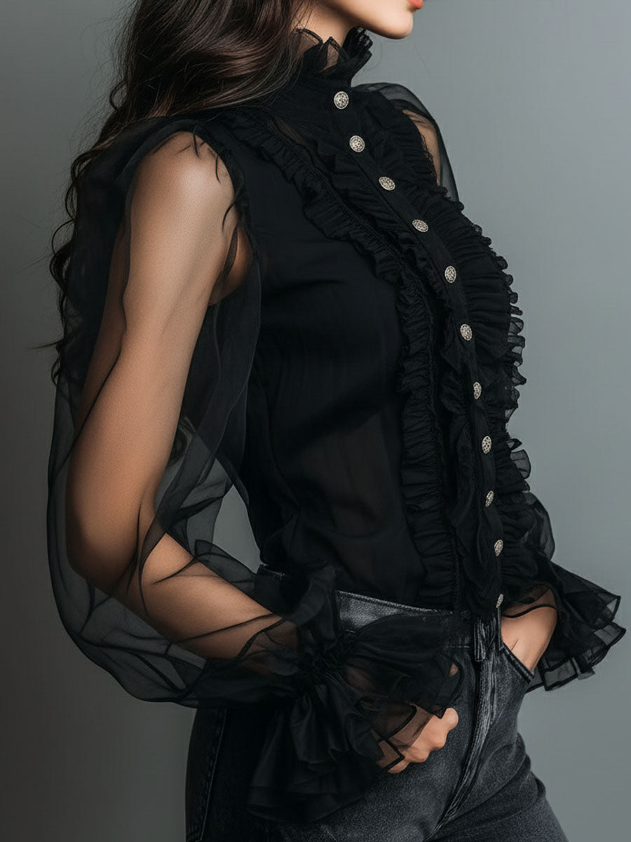 Classic Black Sheer Organza Blouse with High Neck and Tailored Fit
