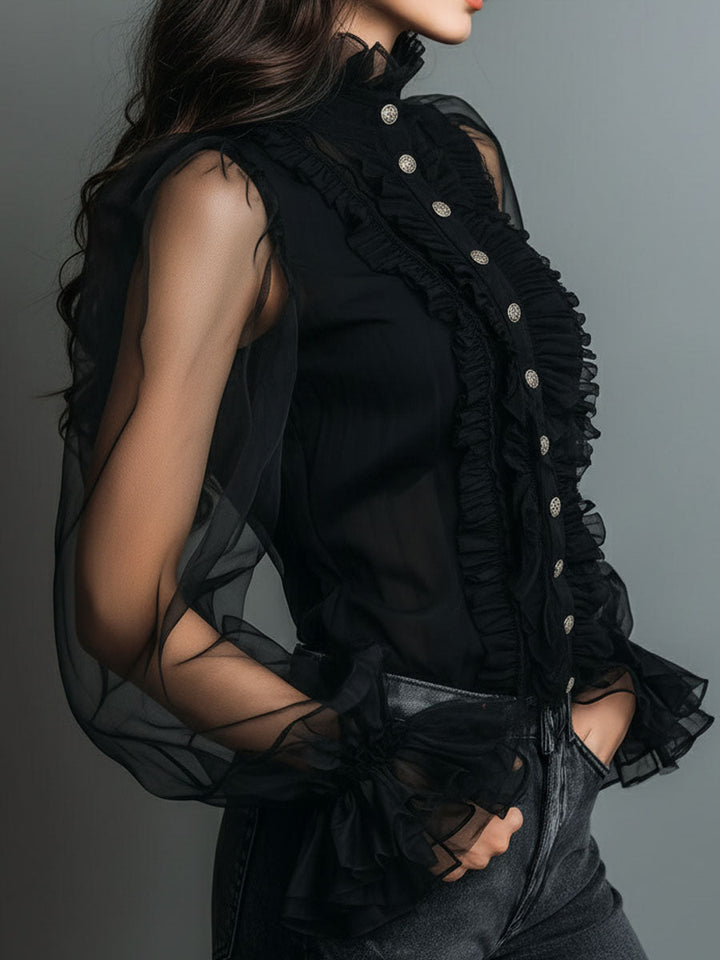 Classic Black Sheer Organza Blouse with High Neck and Tailored Fit