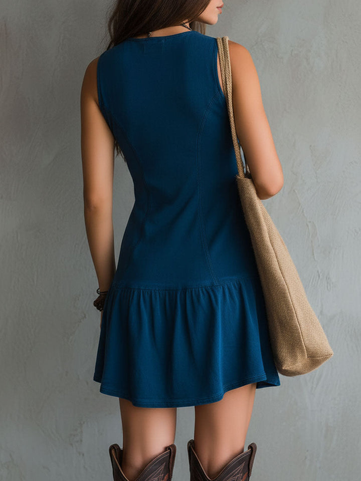 Indigo Embroidered Sleeveless Mini Dress with Boho Chic Style