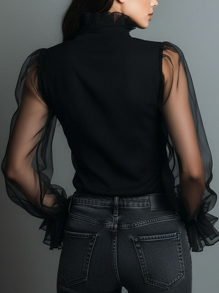 Classic Black Sheer Organza Blouse with High Neck and Tailored Fit