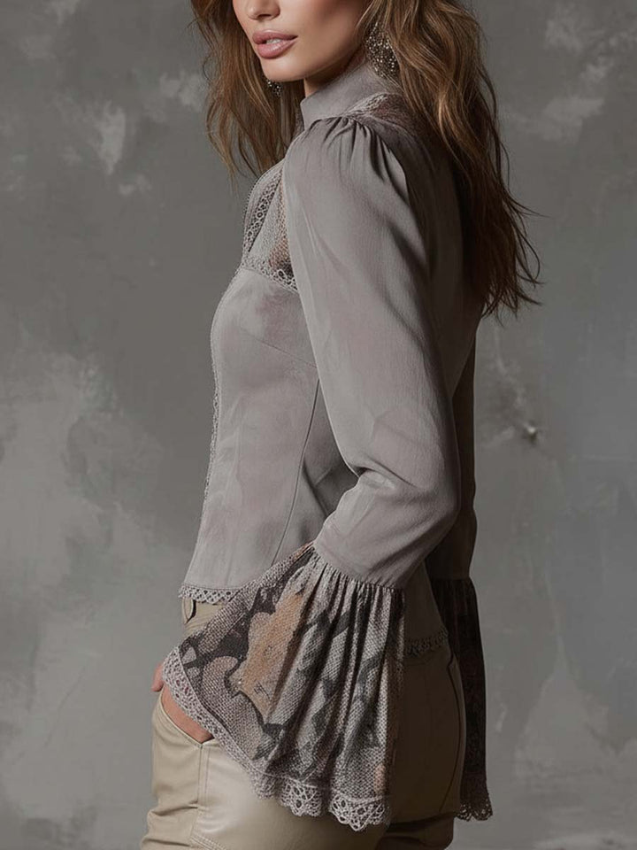 Vintage-Inspired Eco-Suede Blouse with Lace and Floral Patchwork Design