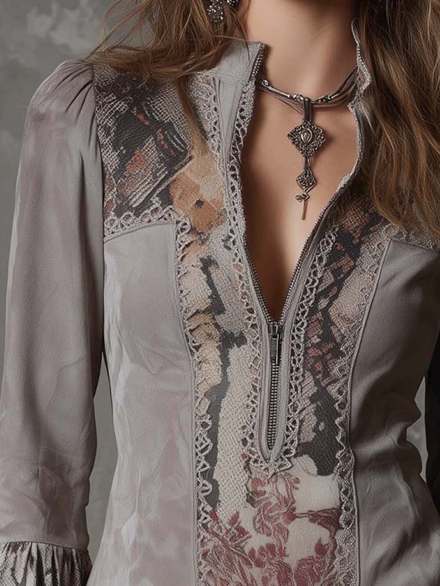 Vintage-Inspired Eco-Suede Blouse with Lace and Floral Patchwork Design