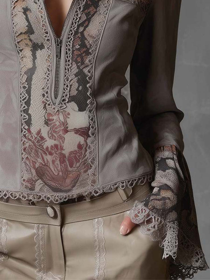 Vintage-Inspired Eco-Suede Blouse with Lace and Floral Patchwork Design