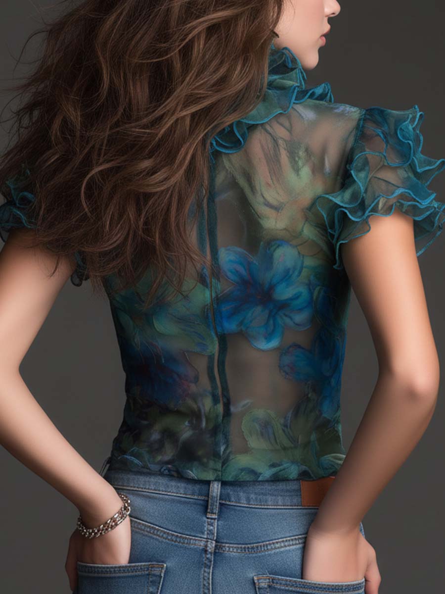 Retro Boho Sheer Floral Ruffle Mesh Top