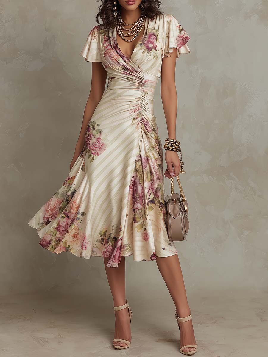 Chic Satin Midi Dress with Vintage Floral Design