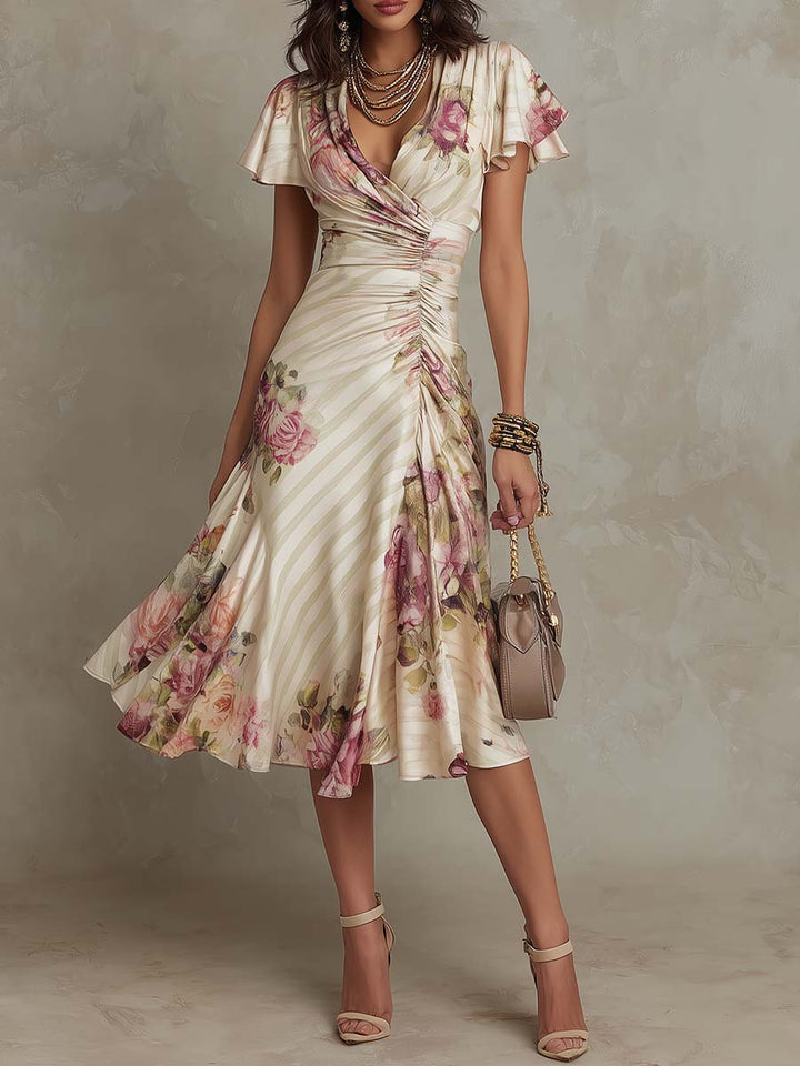 Chic Satin Midi Dress with Vintage Floral Design