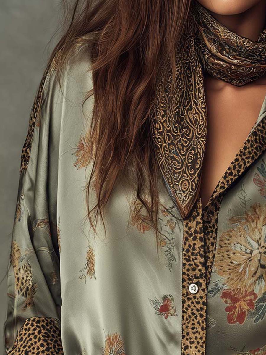 Floral Satin Blouse with Leopard Print Trim