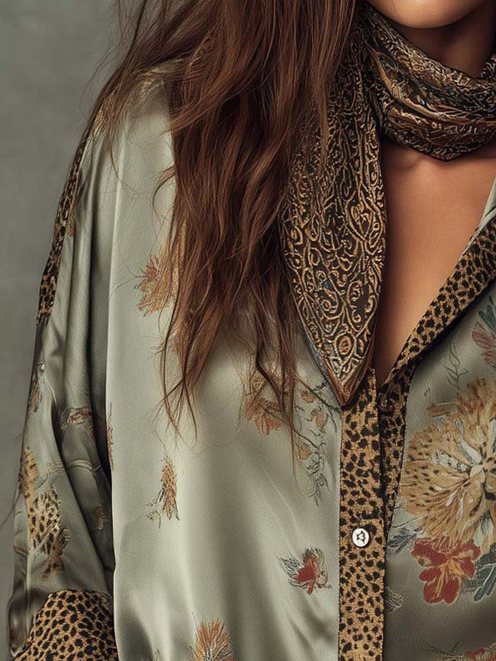 Floral Satin Blouse with Leopard Print Trim