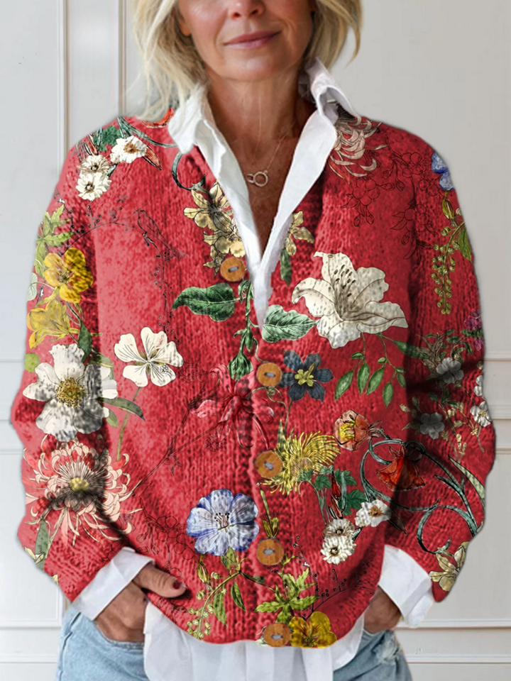 Vintage Knitted Cardigan with Floral Artistic Design and Buttons