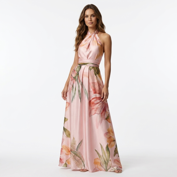 Astreia - Long dress with floral neckline and straps