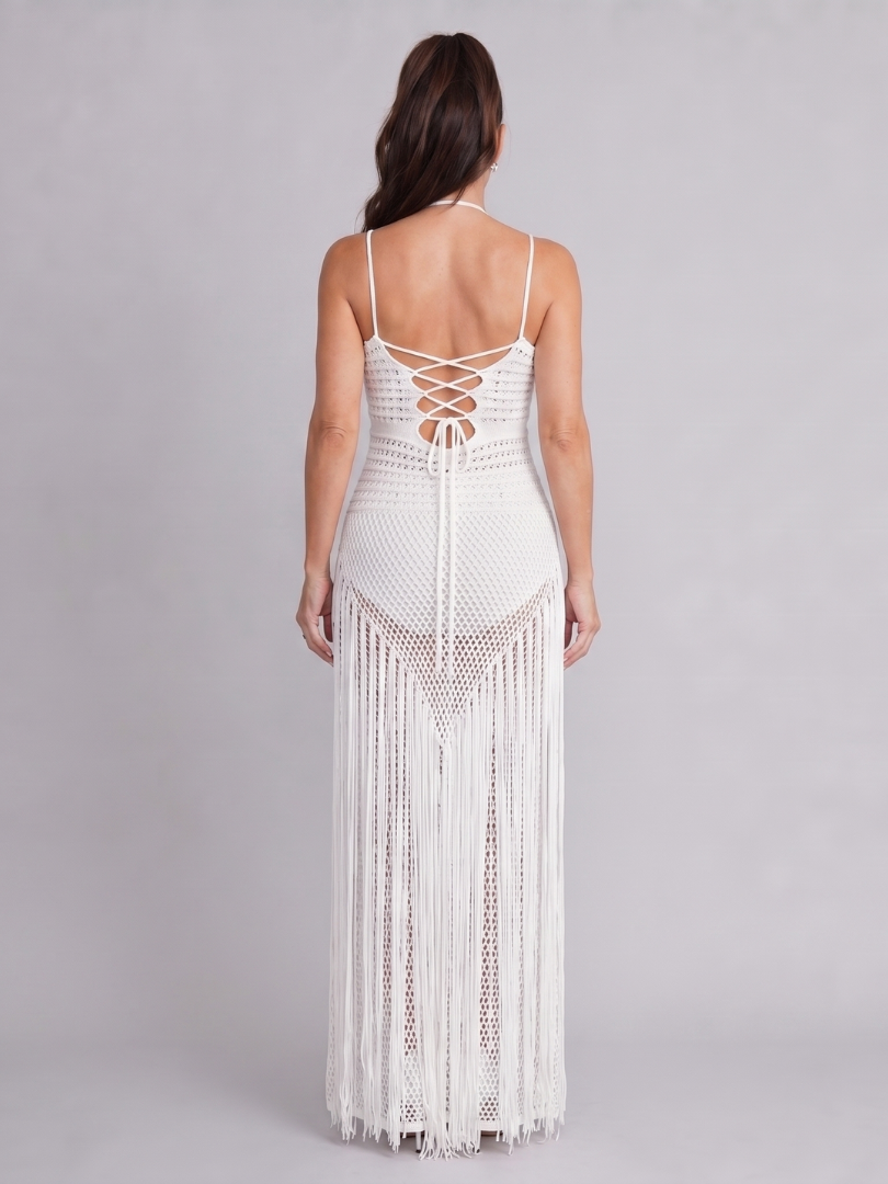 Zephyra | Long Dress with Halter Neckline and Fringes