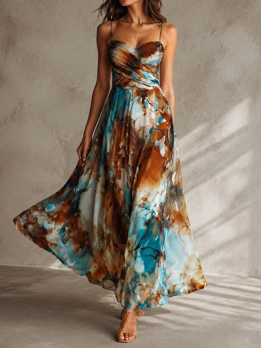 Bohemian Watercolor Print Maxi Chiffon Dress
