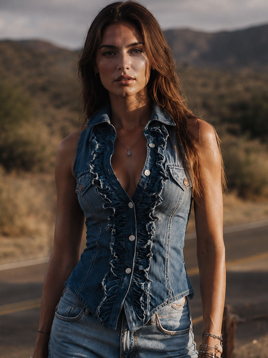 Retro Blue Denim Front Vest - Rafina