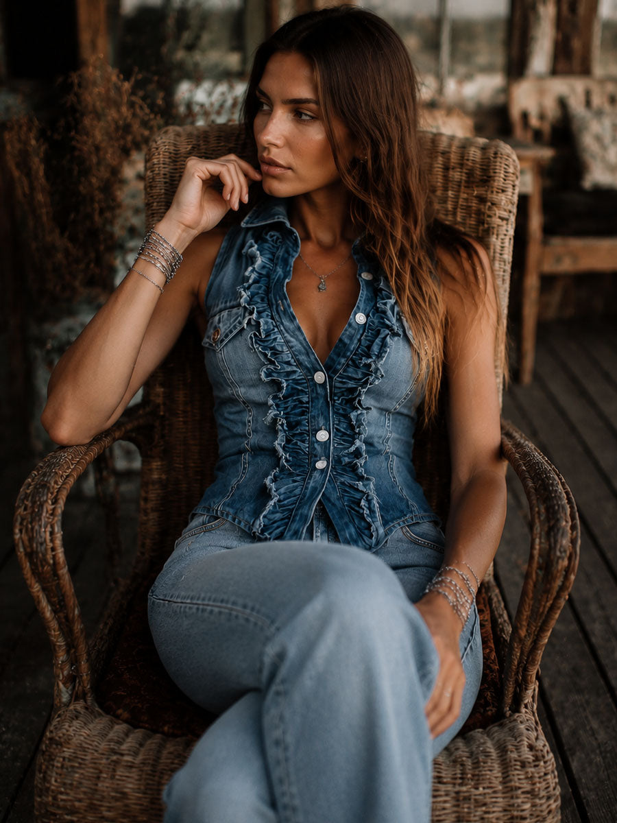 Retro Blue Denim Front Vest - Rafina