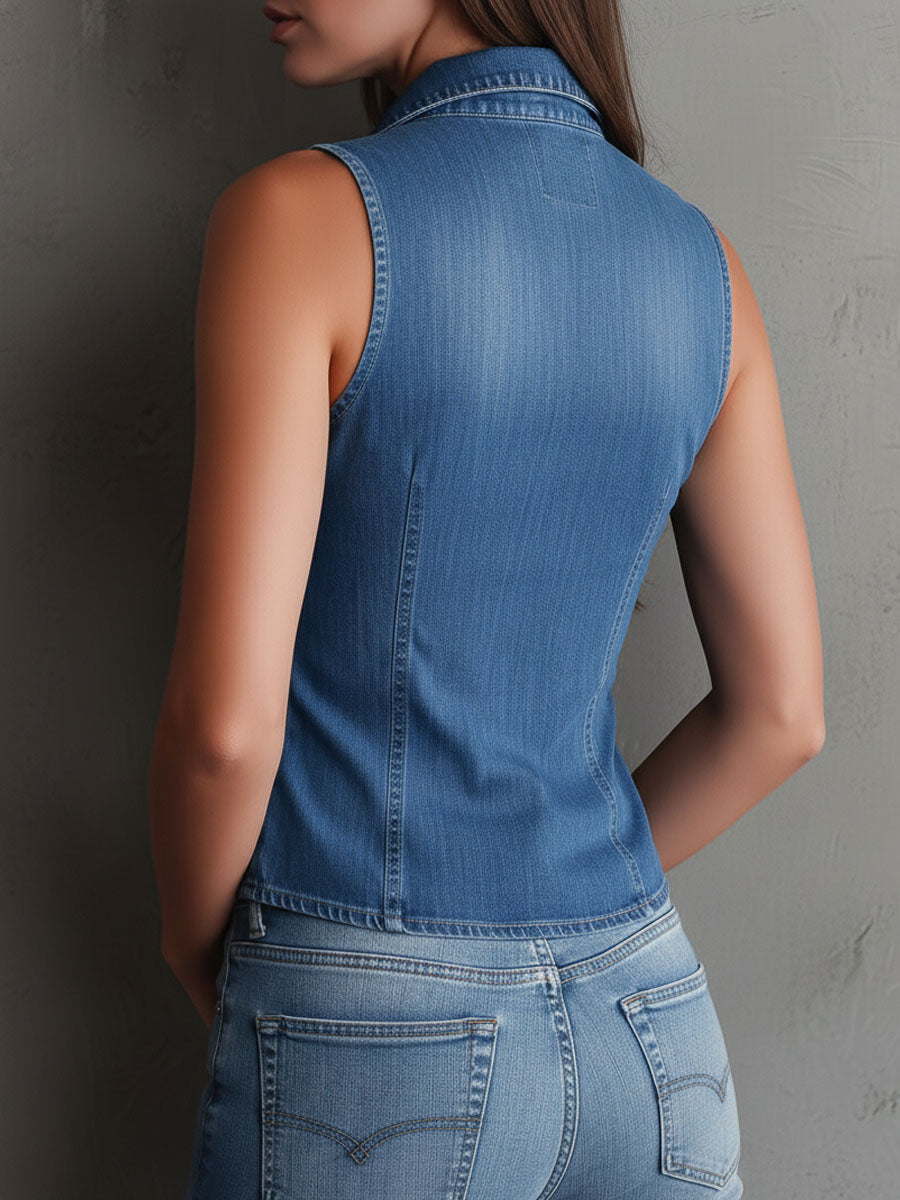 Retro Blue Denim Front Vest - Rafina
