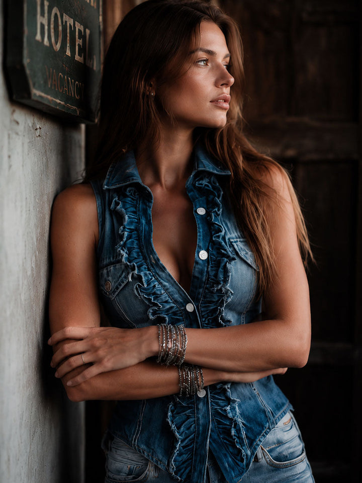 Retro Blue Denim Front Vest - Rafina