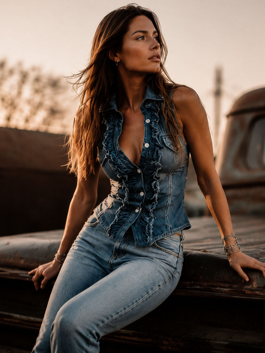 Retro Blue Denim Front Vest - Rafina