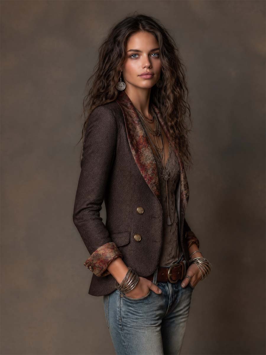 Vintage Herringbone Blazer with Floral Pattern