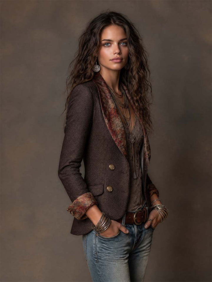Vintage Herringbone Blazer with Floral Pattern