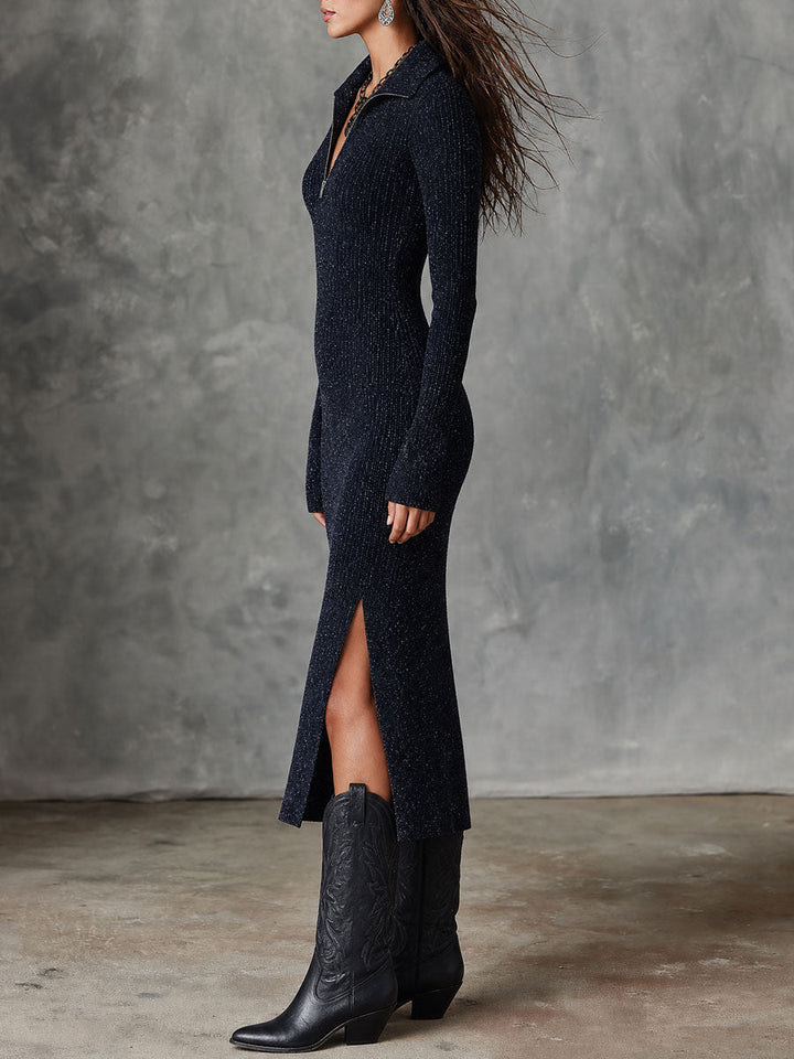 Vintage-Inspired Shiny Midi Dress with Ribbed Sleeves and Front Zipper