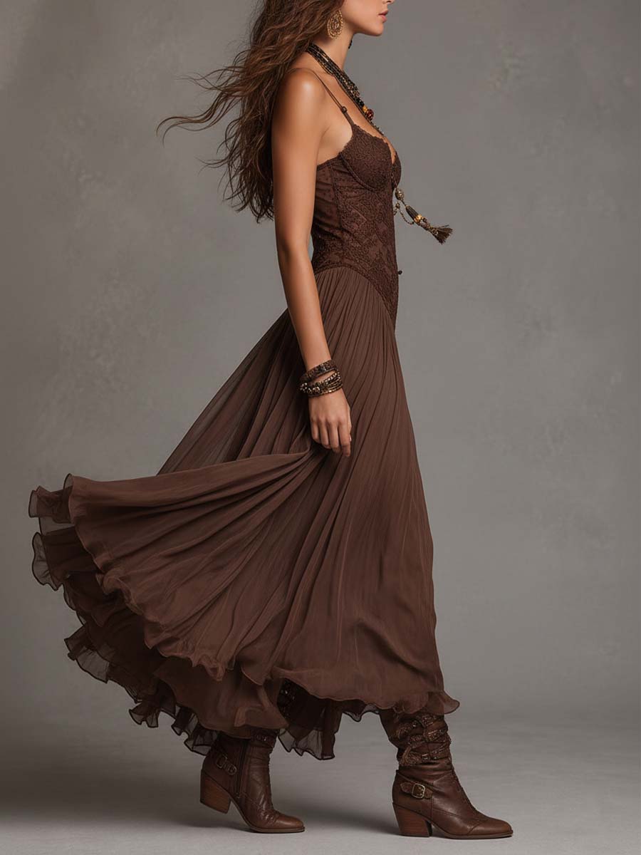 Long Dark Brown Corset Dress with Lace and Chiffon Accents