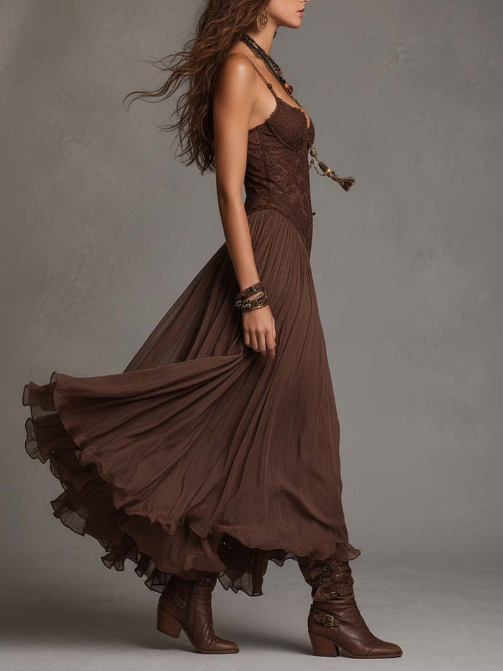 Long Dark Brown Corset Dress with Lace and Chiffon Accents