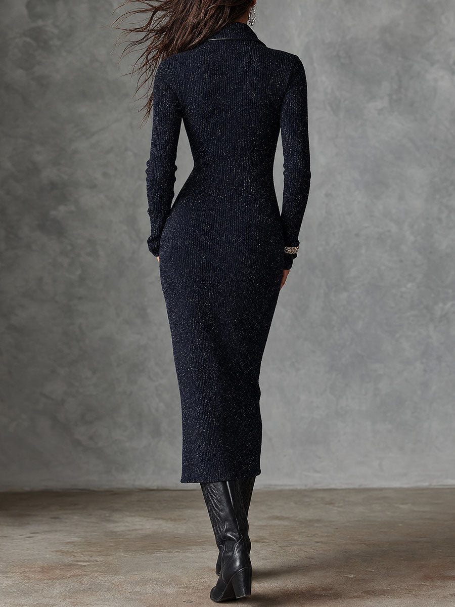 Vintage-Inspired Shiny Midi Dress with Ribbed Sleeves and Front Zipper