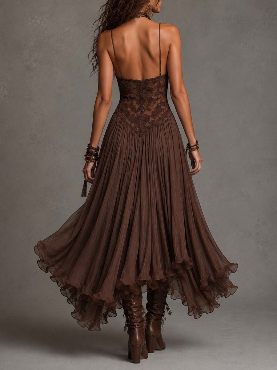 Long Dark Brown Corset Dress with Lace and Chiffon Accents