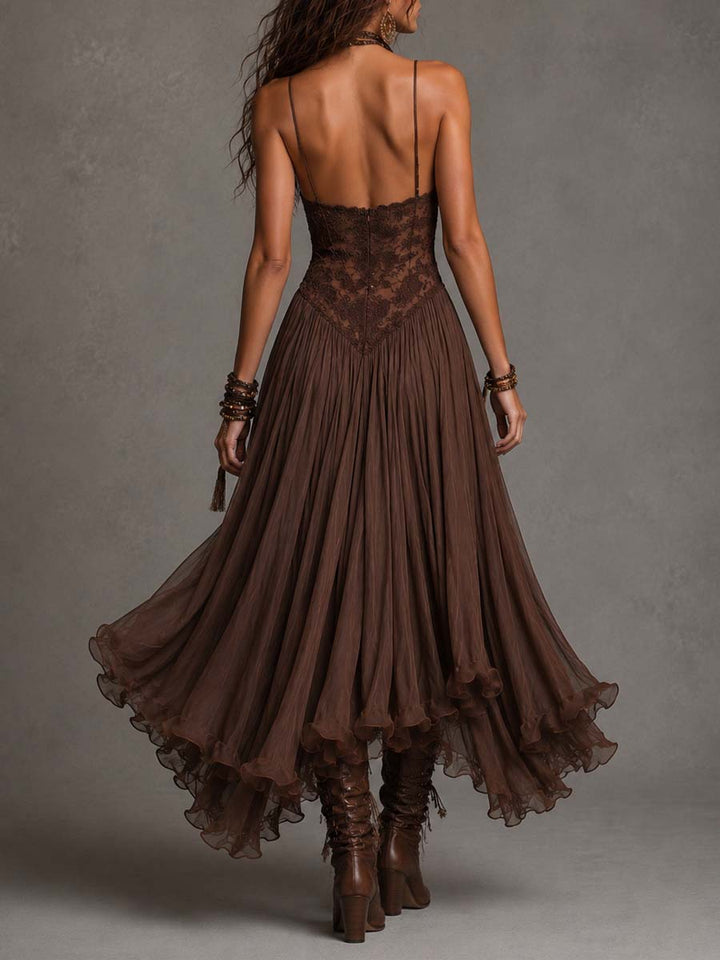Long Dark Brown Corset Dress with Lace and Chiffon Accents