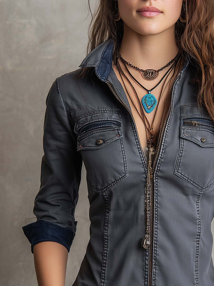 Vintage-Inspired Distressed Long Sleeve Denim Zip-Up Shirt