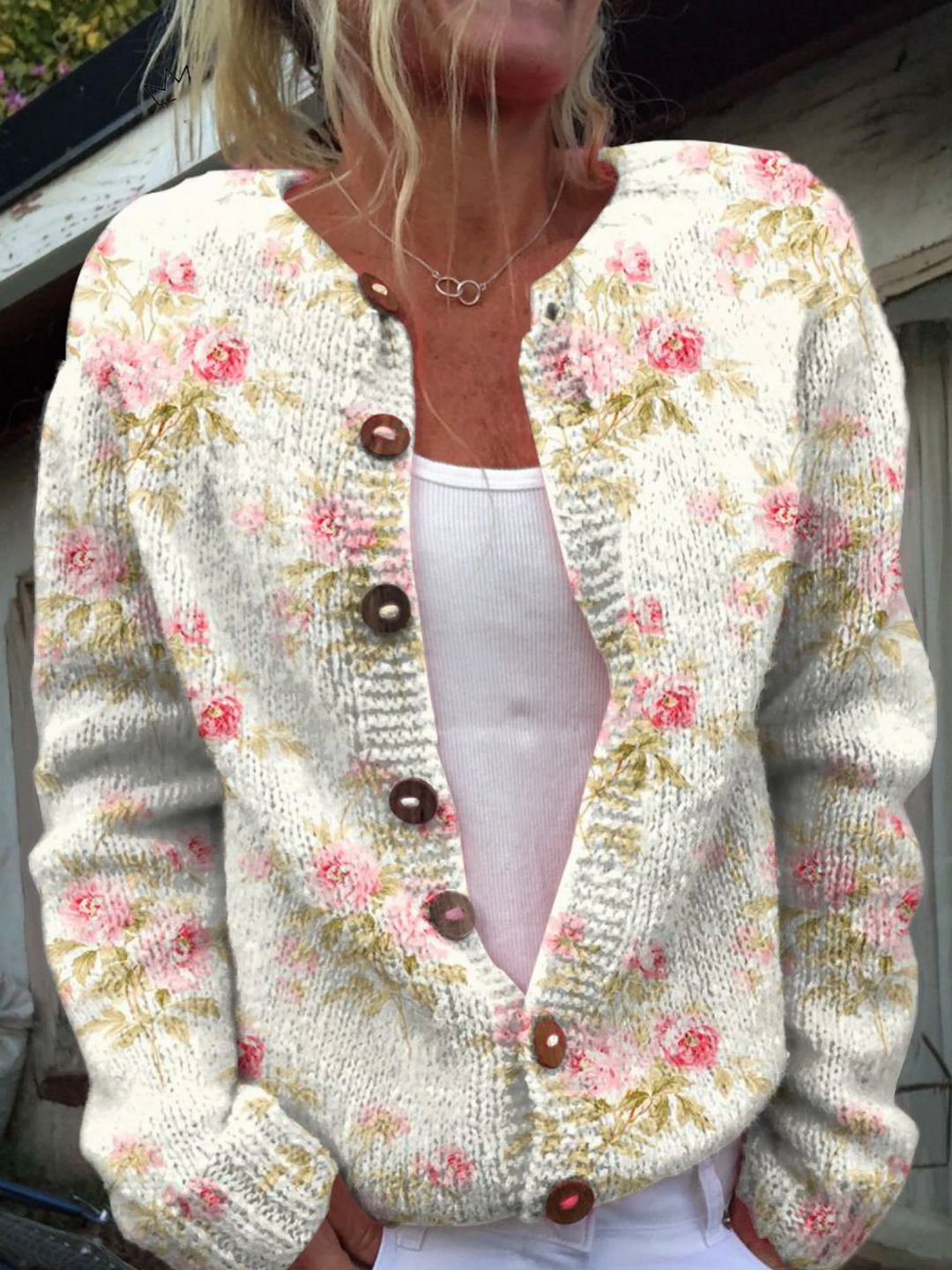 Knitted cardigan with floral and leafy print and buttons