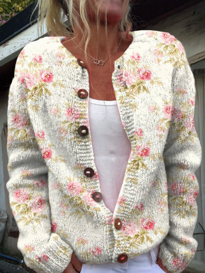 Knitted cardigan with floral and leafy print and buttons