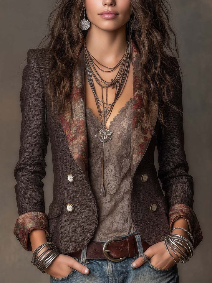 Vintage Herringbone Blazer with Floral Pattern