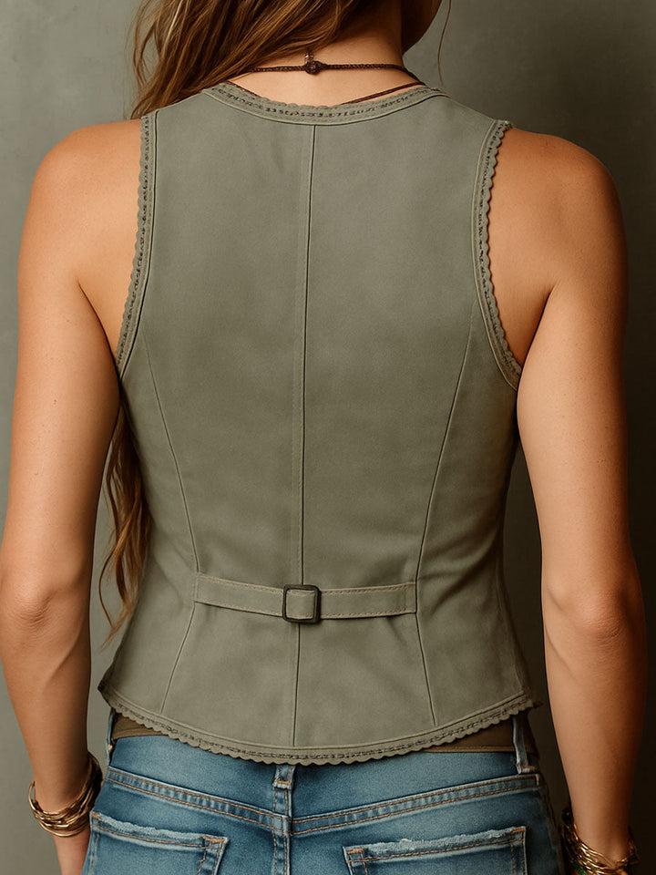 Embroidered Olive Suede Corset Blouse for Women with Lace Accents
