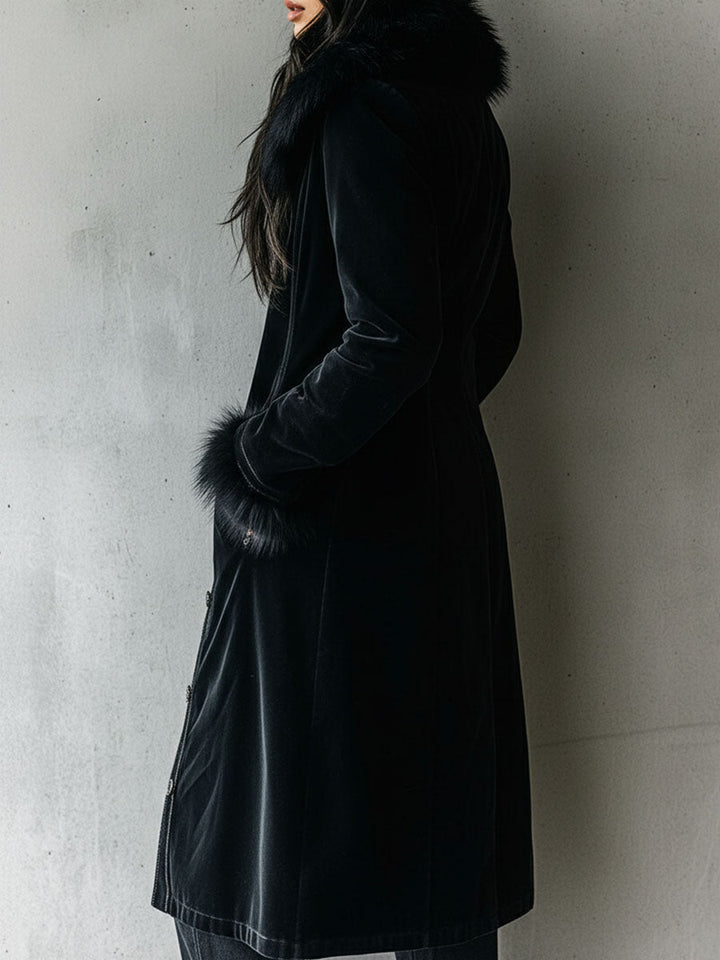 Chic Long Black Velvet Coat with Eco-Friendly Fur Trim on Collar and Sleeves