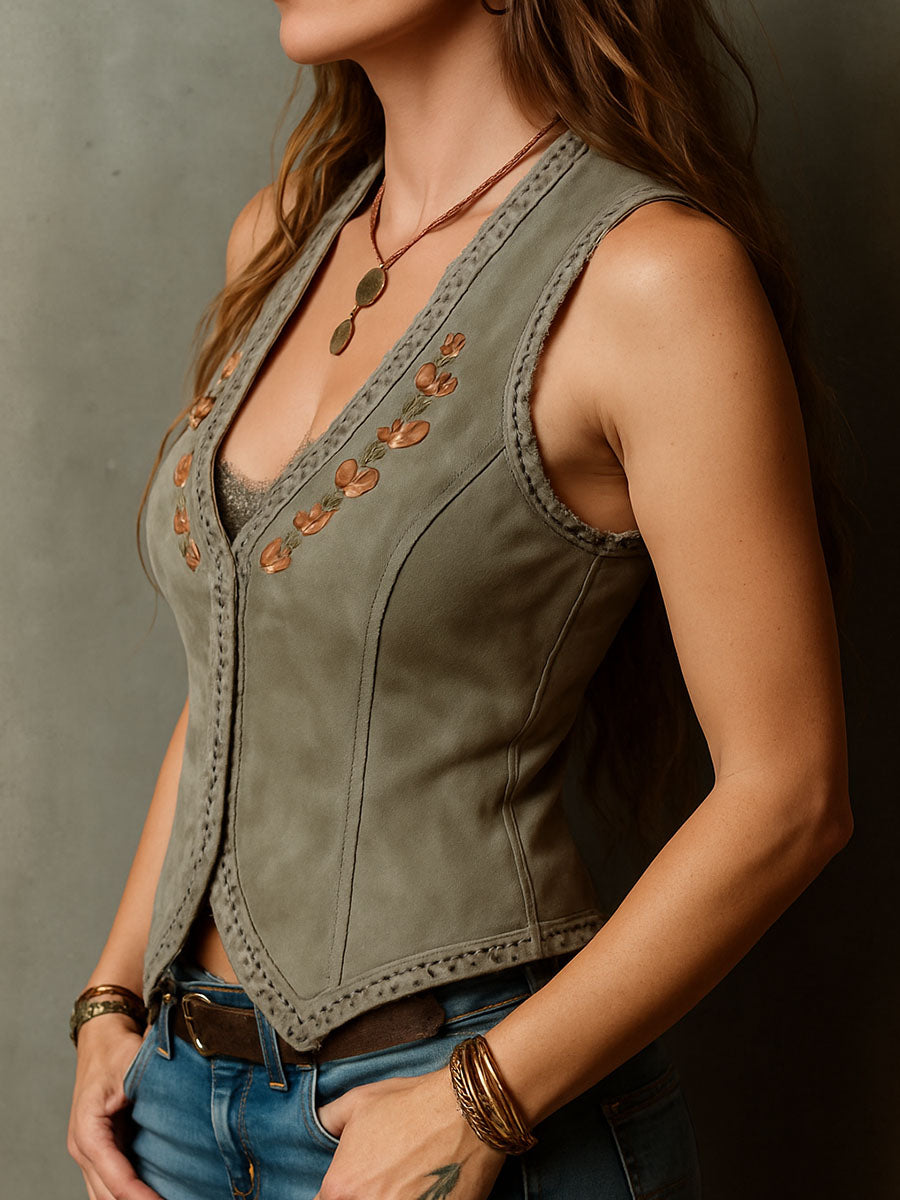 Embroidered Olive Suede Corset Blouse for Women with Lace Accents