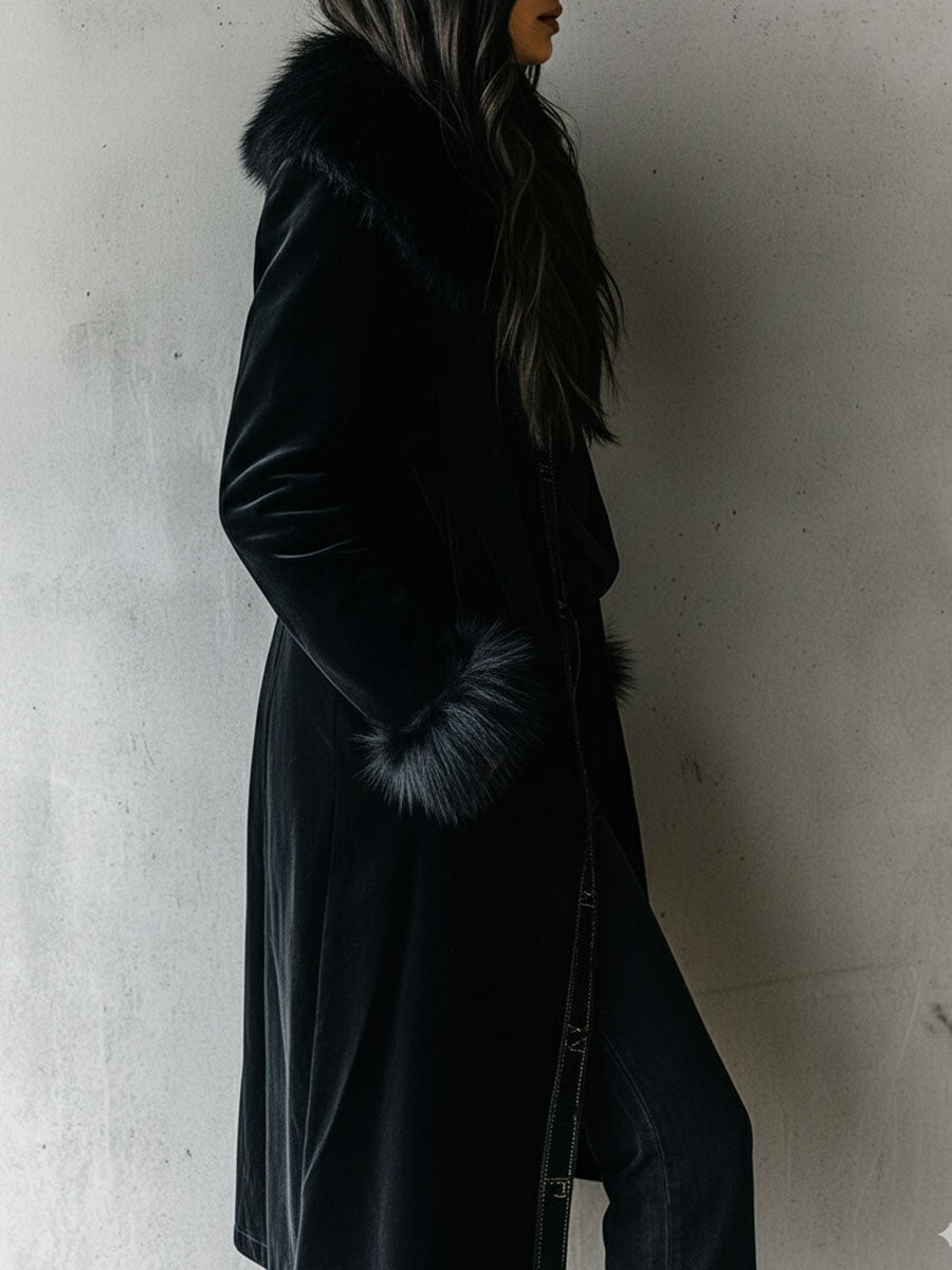 Chic Long Black Velvet Coat with Eco-Friendly Fur Trim on Collar and Sleeves