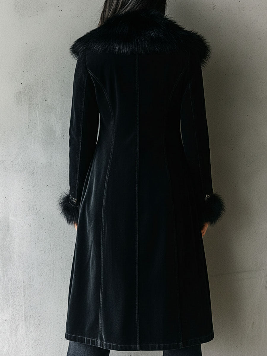 Chic Long Black Velvet Coat with Eco-Friendly Fur Trim on Collar and Sleeves