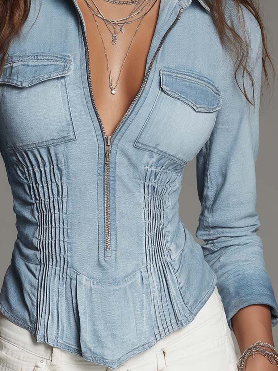 Women's Denim Blouse Featuring Zip Closure and Pintuck Accents