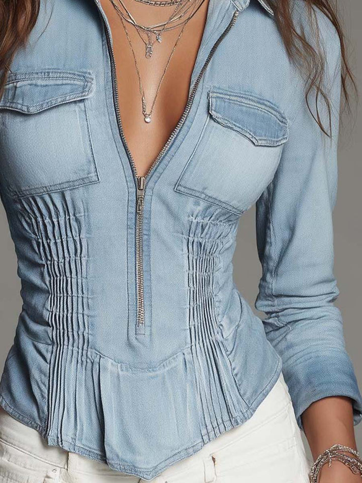 Women's Denim Blouse Featuring Zip Closure and Pintuck Accents