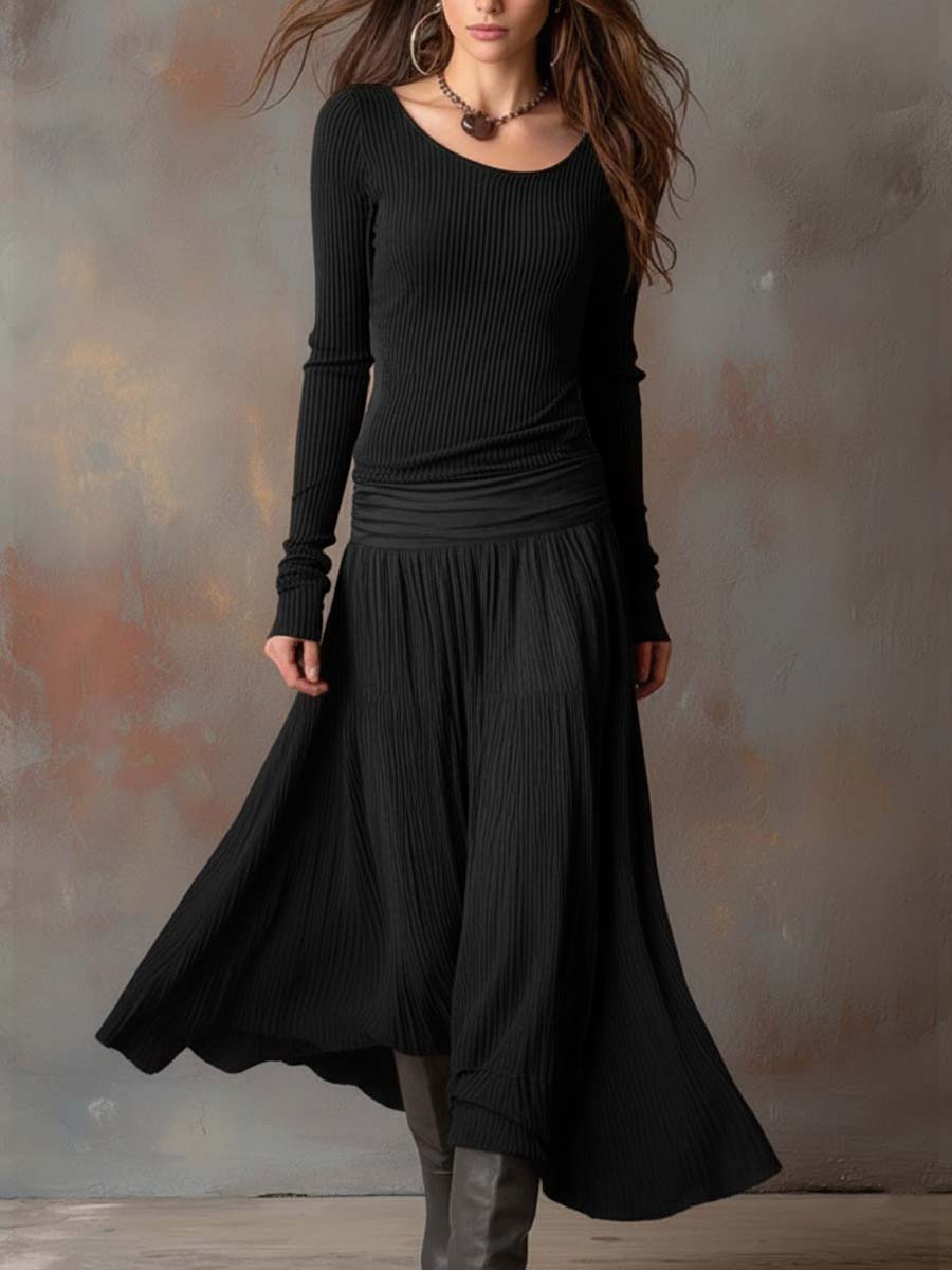 Charcoal Grey Vintage Ribbed Knit Long Dress
