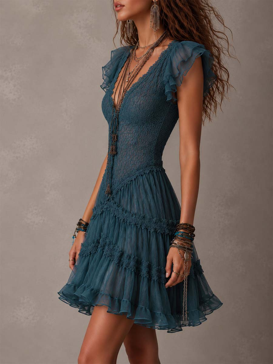 Vintage-Inspired Blue Lace and Satin Flowy Mini Dress